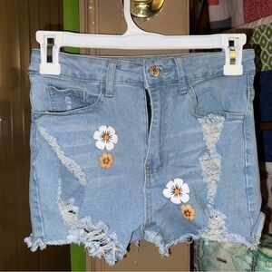 SHEIN Light Blue Distressed Jean Shorts with Floral Details